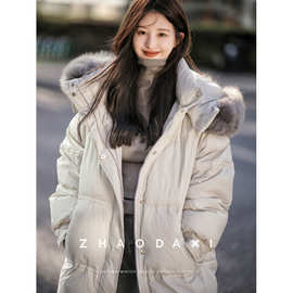 大毛领连帽羽绒棉服女2025冬季新款加厚灰色外套面包服棉衣女防寒
