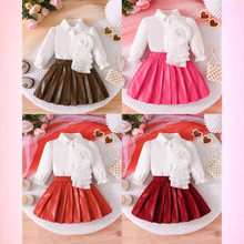 2025跨境专供t秋款新品女童长袖衬衣配花朵+PU皮短裙爆款热销