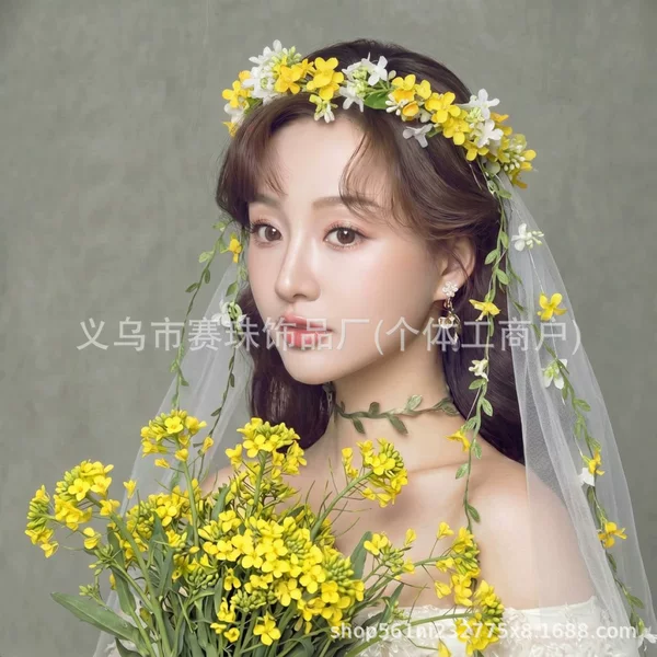 New Summer Rapeseed Flower Wreath Wholesale, Countryside Scenic Area Photo Headwear, Forest Style Fairy Girl Children's Hair Accessory