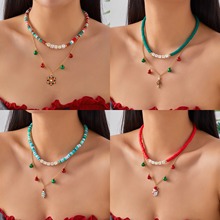 欧美跨境圣诞节多层圣诞老人铃铛项链  软陶雪人雪花铭牌吊坠批发