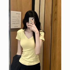 クロスボーダースポット半袖Tシャツレディース夏韓国風スイートホットガール無地スリムフィットピュアデザイアトップス直販