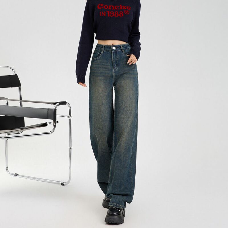 High-Waisted Narrow Wide-Leg Jeans for Women 2026 Spring and Autumn High-Waisted Slimming Narrow Wide-Leg Floor-Length Jeans