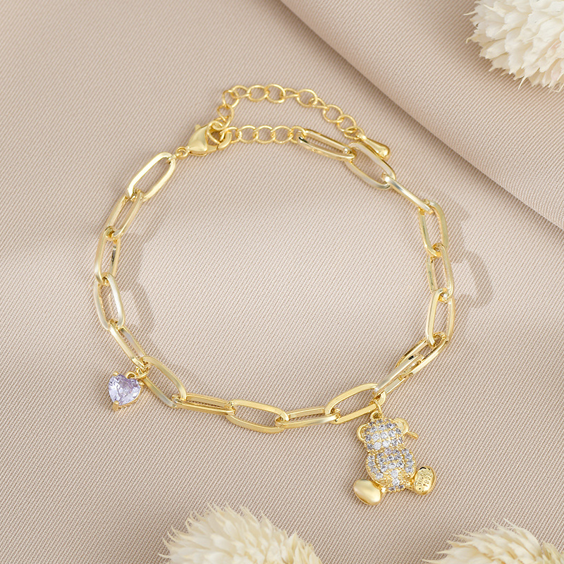Fashion Bear Heart Shape Copper Plating Zircon Bracelets 1 Piece