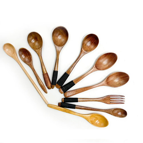 Hao Yuan Small Spoon Wholesale Japanese Style Children's Spoon Hand-Tied Cord Wood Spoon Fork Small Wooden Spoon with Logo Engraving