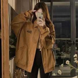 美式复古仿麂皮绒棒球服女秋冬新款学生宽松字母刺绣春秋夹克套外