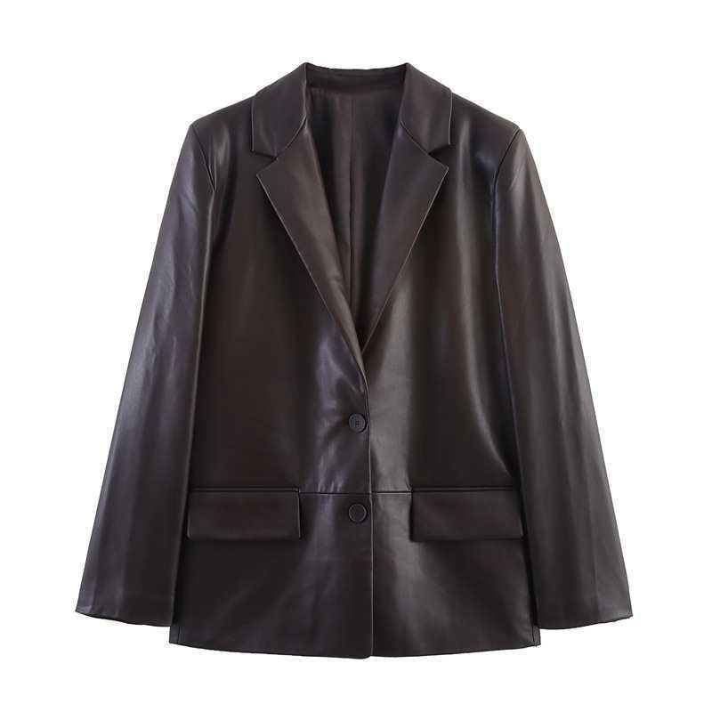 Autumn Straight Suit Jacket Versatile Feminine European and American Style Foreign Trade New Fashion Leather