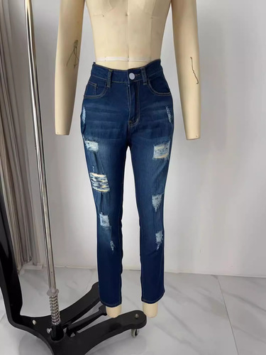 European and American-style high-waisted ripped stretch-fit jeans for women—tight-fitting