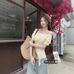 デザインレースステッチフラワーワンショルダートップレディース夏スリムウエストイエロー半袖Tシャツ