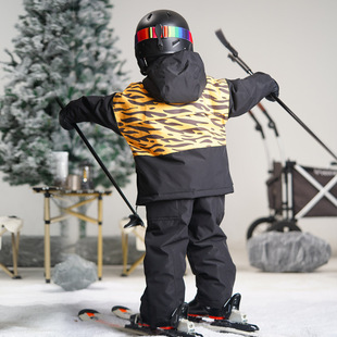 Black Tiger Pattern Kidsren's Professional Waterproof Windproof Thickeneded Warm Outdoor Ski Suit Thickeneded Warm and Cold Resistan