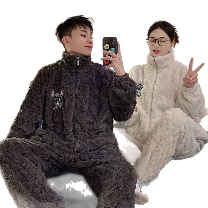 Invierno nuevo pijama de pareja de franela mujer lindo dibujo animado sticky casual hombre ropa casera set comercio exterior