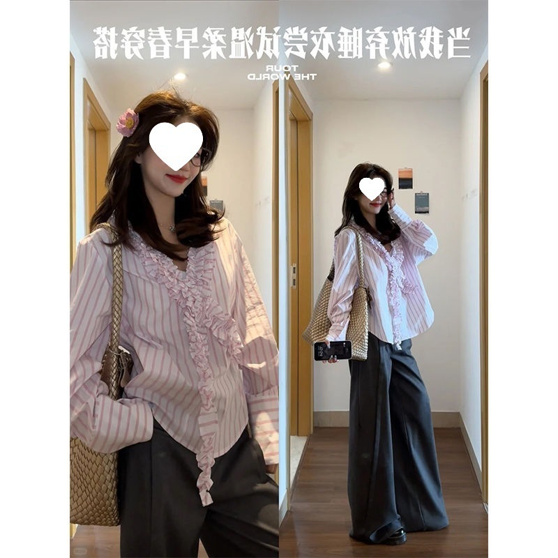 2025早春新款韩系减龄V领条纹长袖衬衫上衣女潮|undefined