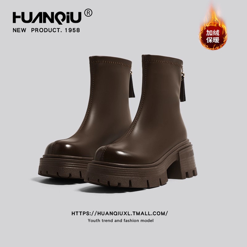 Universal Velvet Thick-Soled Boots for Women 2025 Autumn and Winter New Black Height-Increasing Boots for Women Fashionable Leather Short Boots