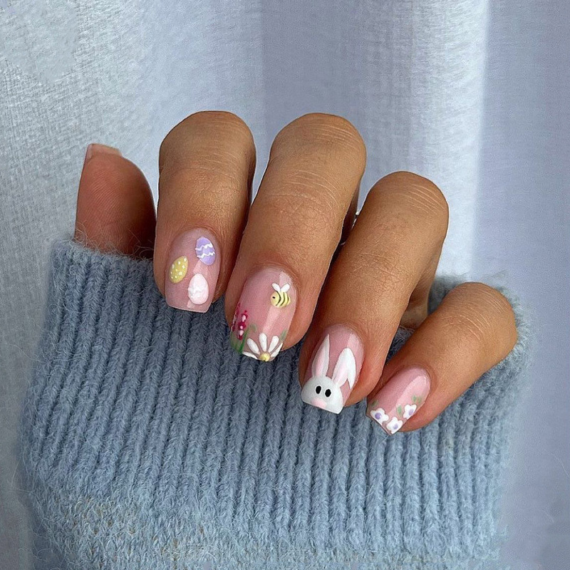 24 Pieces of Short Square Cartoon Easter Nail Art Pieces with Simple Rabbit and Flower Designs, Glossy Cross-Border Nail Art Pieces 24 Pieces of Short Square Cartoon Easter Nail Art Pieces with Simple Rabbit and Flower Designs, Glossy Cross-Border Nail Art Pieces