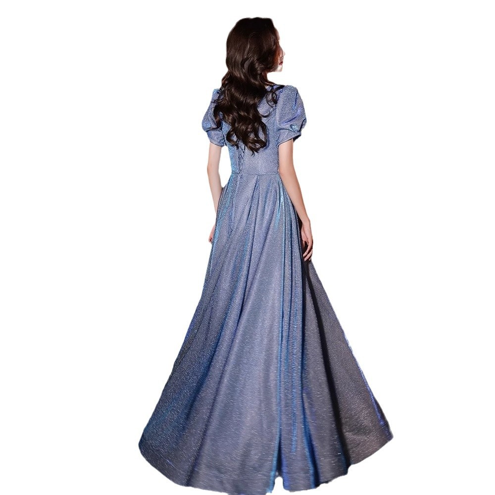 Azul vestido de noche de las mujeres banquete temperamento Socialite luz nicho de lujo de gama alta de alta gama sentido EXAMEN DE ARTE cielo estrellado anfitrión REUNIÓN ANUAL