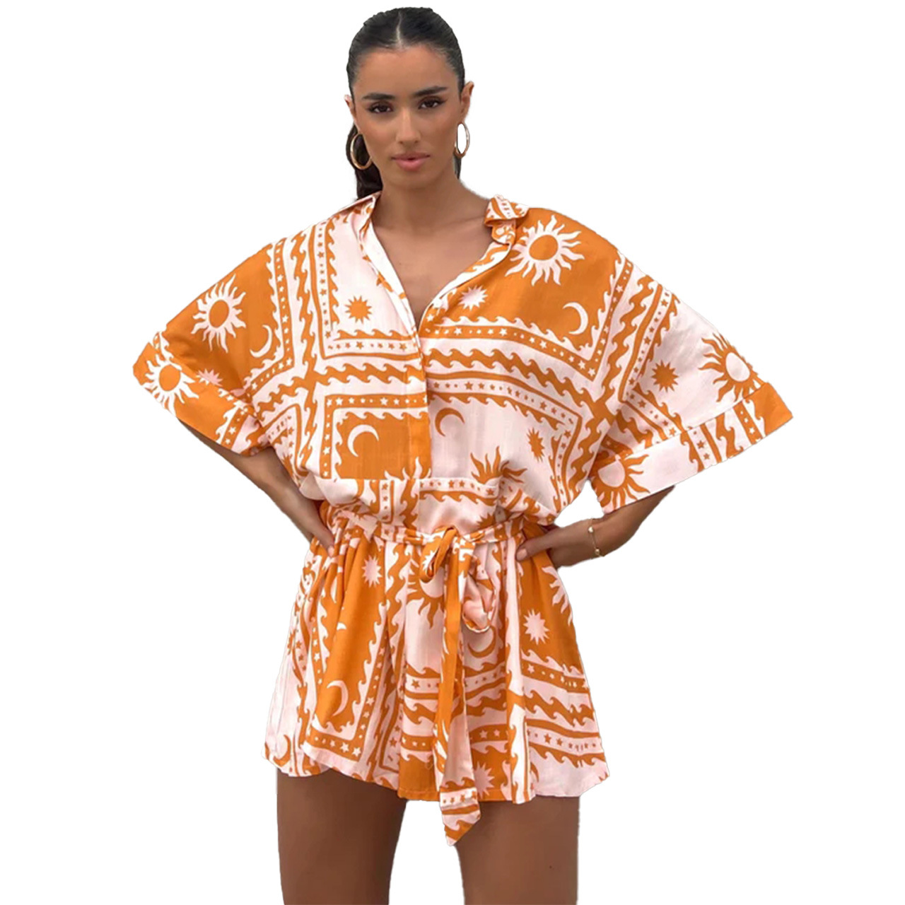 182g Weight Shorts Pants Length Polyester Fabric Type Mid Waist Waist Line Rompers Pants Type Micro-Elastic Elasticity Jumpsuit Tops Type Holiday, Daily Occasion Regular Fit Fit Type Sun Pattern Summer Season Women's Gender Printing Design Vacation Style Women's Holiday Daily Jumpsuit Vacation Sun Shorts Printing Rompers 41