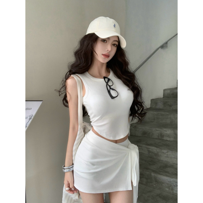美式bm风时尚休闲套装女夏季新款设计感绑带半身裙不规则下摆背心|undefined