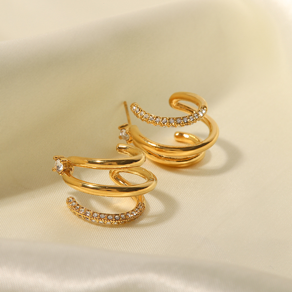 Fashion C Shape Stainless Steel Inlay Zircon Hoop Earrings 1 Pair