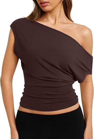 Women's Sexy Off Shoulder Asymmetrical Slim Fit Short Sleeve Top – Side Slash Neck Summer Tee_ecoleips.com