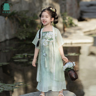 2024 summer new children's clothing national style two-piece antique embroidery girls dress improved short sleeve children's suit wholesale