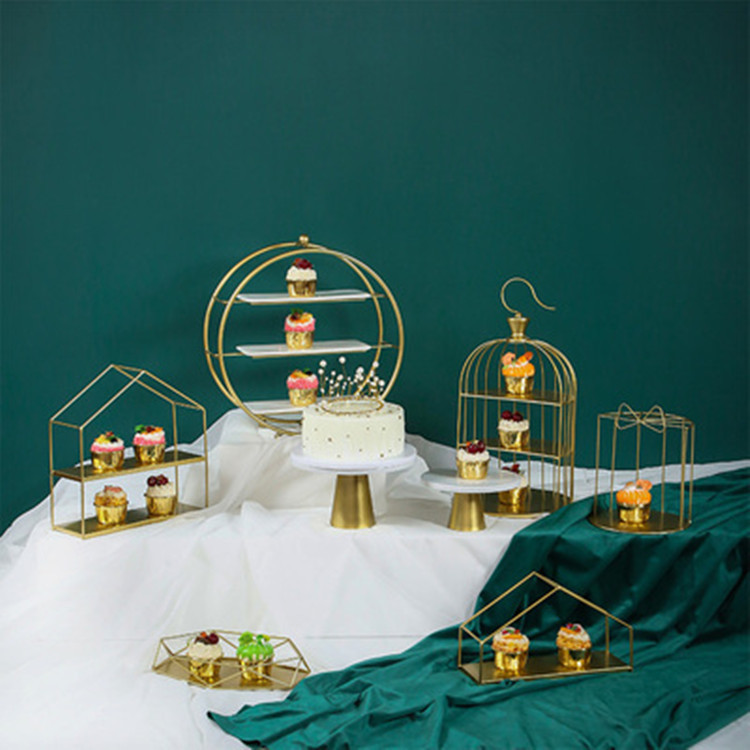 Tabla de postres de estilo europeo, estante de exhibición de bodas, banquete de bodas, estante de pastel, estante de té de la tarde, estante de golden snack set de 7 piezas