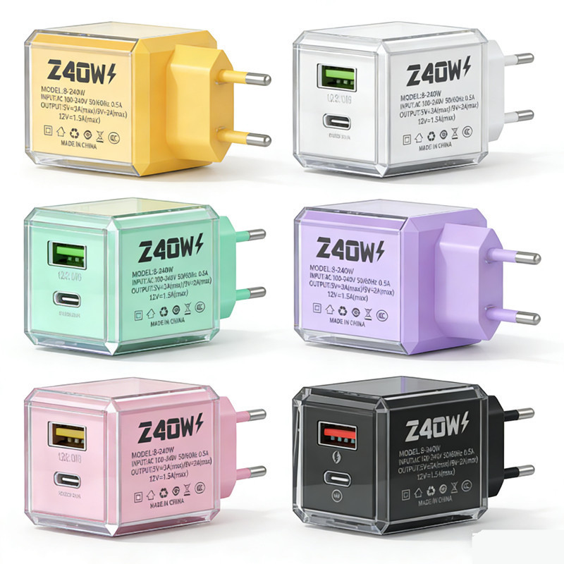 240W Super Fast Charging Pd Charging Head Suitable for Apple Mobile Phones A+C Dual-Port Charger USB Crystal Ice Cube 20W