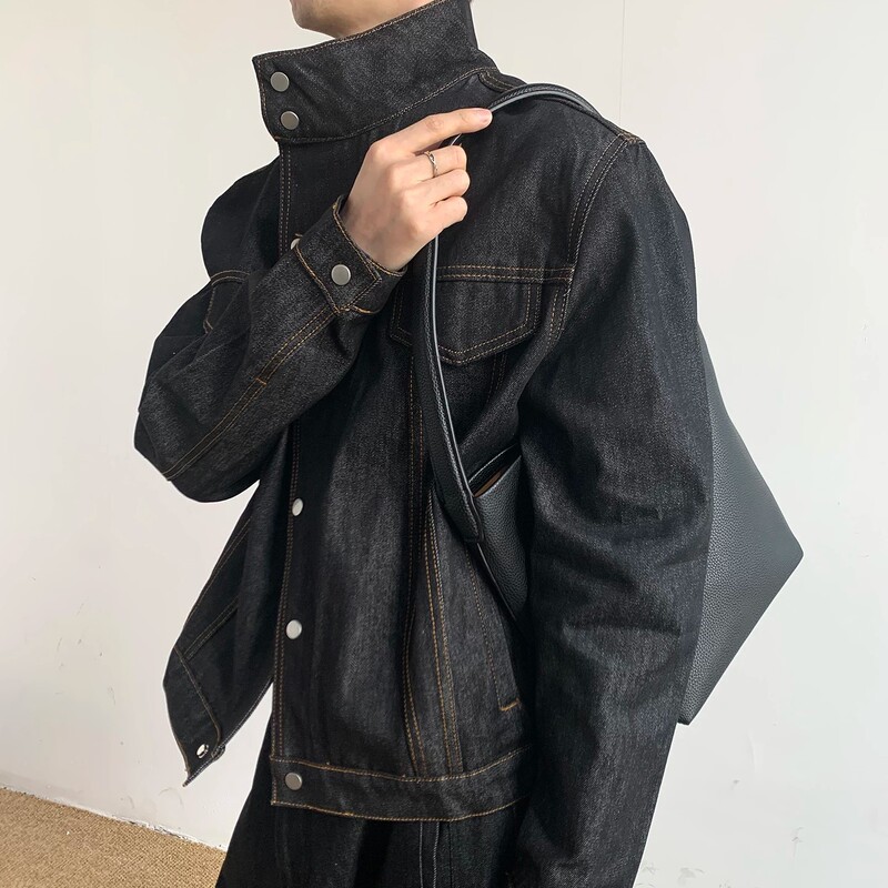 Black raw denim stand-up collar work jacket for men, spring and autumn American retro short wide stiff cleanfit denim jacket