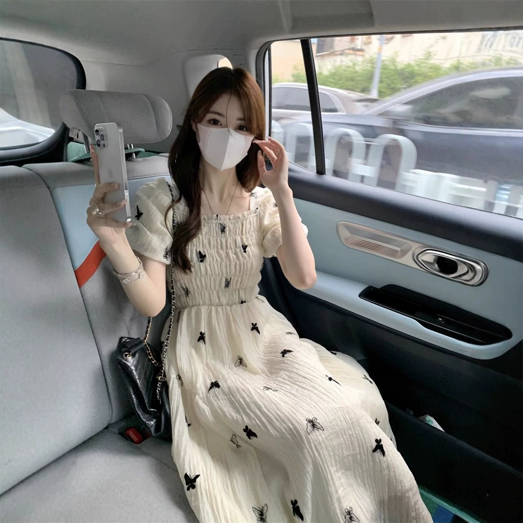 Французские нишевые ретро-бабочки с принтом с квадратным ртом и воротником с пузырьками рукава платье женская талия тонкая темпераментная дикая юбка