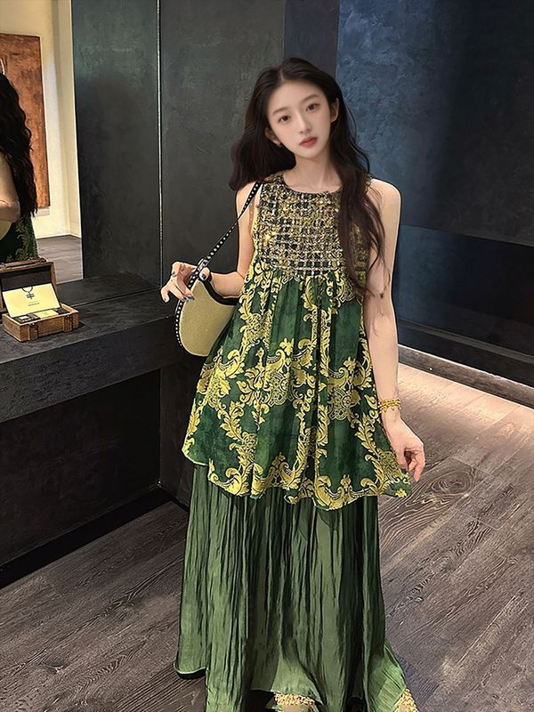 夏の中国風 2025 新しいスパンコールレーヨンドレス婦人服新中国風のハイエンドステッチ妖精スカート N6041|undefined