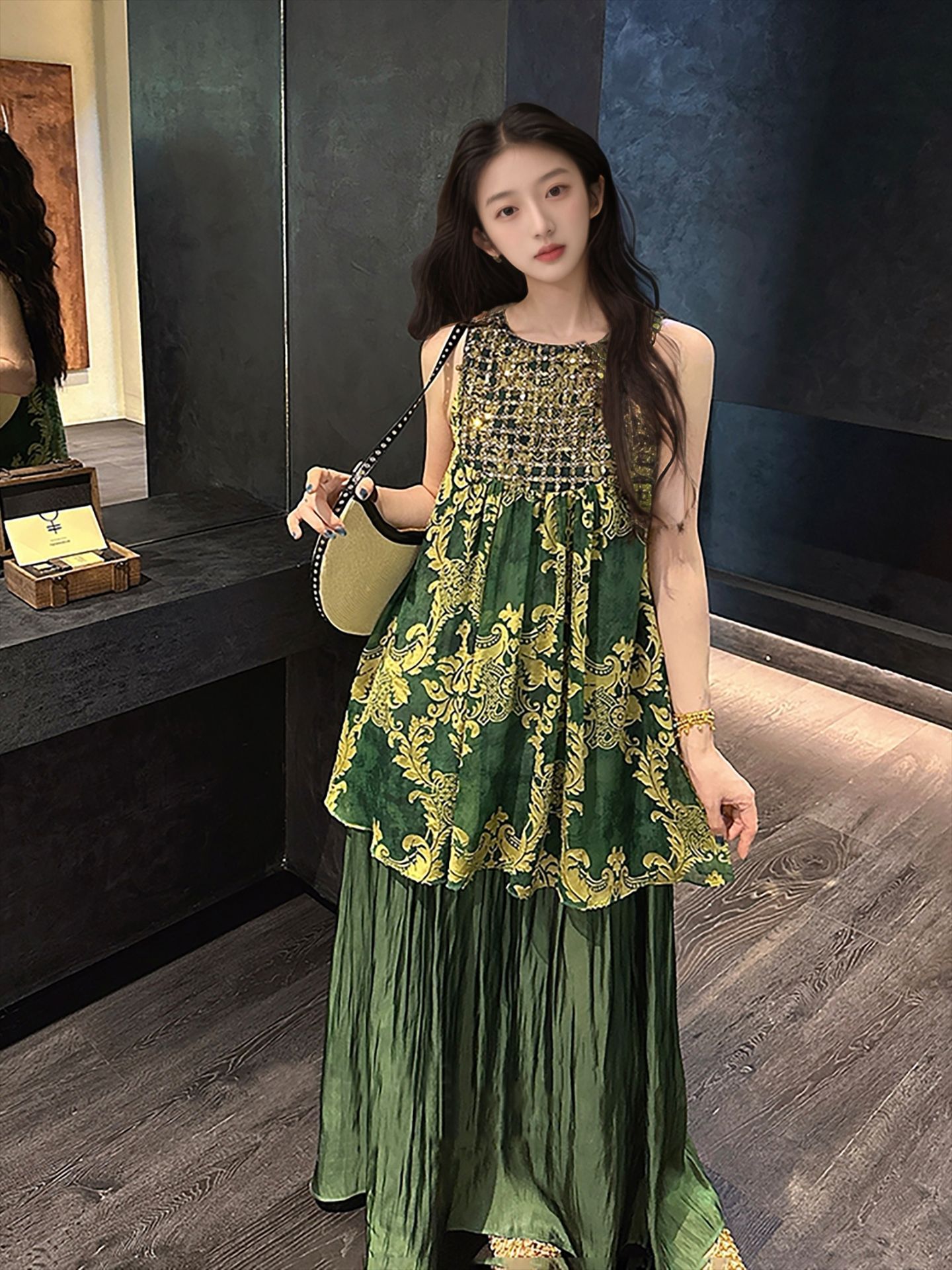 Váy maxi nữ thắt eo phong cách Trung Hoa đính sequin tay ngắn — Màu vàng, Màu xanh lá