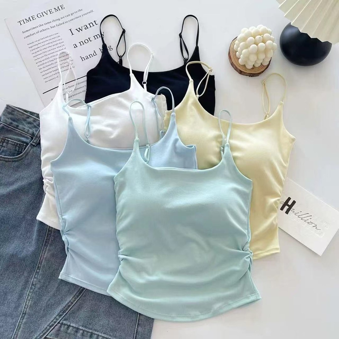 2025 New Summer Style Slimming Look Basic Adjustable Outer Wear Versatile Pure Color Camisole Women's with Chest Pad