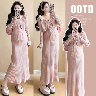 Maternity's Spring Dress French Knitted dress Vintage Temperament Gentle Style Small Cardigan Sling Long Dress Pregnant Women's suit
