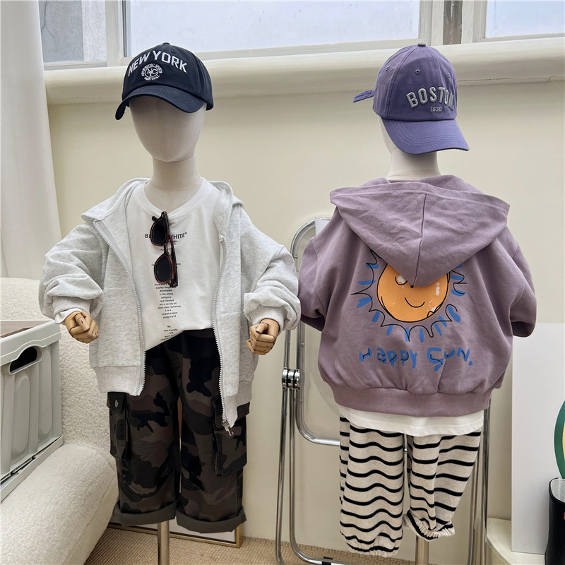 Ropa coreana de otoño 2024 para niños y niñas, sudadera con capucha y cremallera suelta con sol pequeño, chaqueta para niños_voghion.com