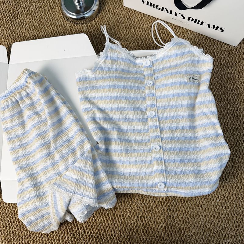 Pijamas transfronterizos de verano de mujer con cojín de pecho sexy pantalones cortos de cinturón puros de estilo delgado a rayas sin mangas set de ropa de casa