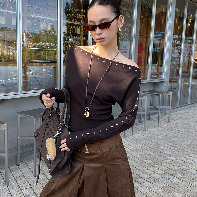 Mmfish Fashionable Street Rivet Long-Sleeved Slim Slim Loose Shirt Off-Shoulder Elegant T-Shirt 25t639