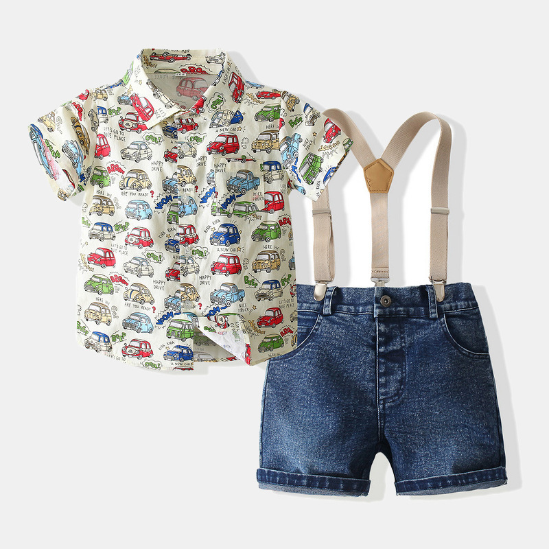 Boys' short-sleeved cartoon car shirt jeans suit 2021 summer new children's casual suspender pants children's clothing