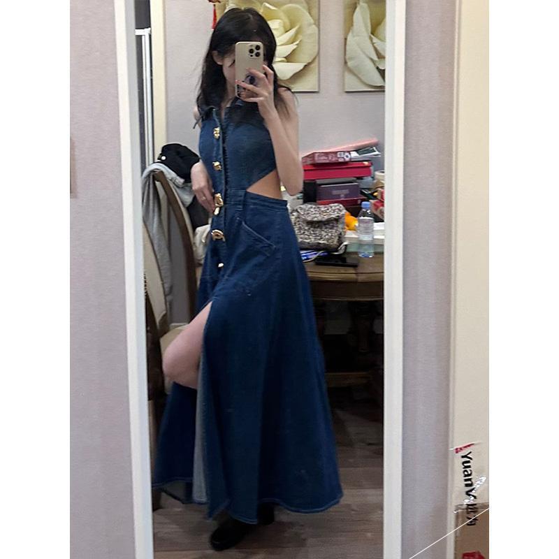 Sweet and Spicy Hollow-Out Shirt Denim Dress for Women, Summer Waist-Cinching Design, Niche Style with Slit, Sleeveless Long Dress Sweet and Spicy Hollow-Out Shirt Denim Dress for Women, Summer Waist-Cinching Design, Niche Style with Slit, Sleeveless Long Dress