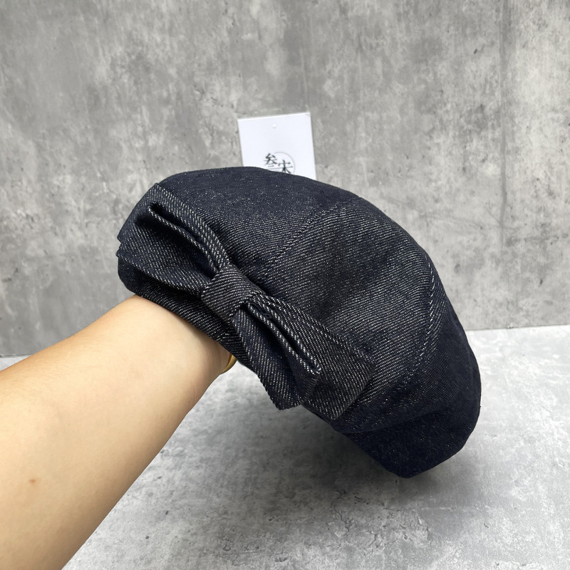 新款甜美双层蝴蝶结贝雷帽女秋冬深牛仔色画家帽潮质感八角南瓜帽|undefined