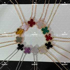 高版V金精工CNC瘦花18k玫瑰金黑红玛瑙白贝母镀925银四叶草项链女