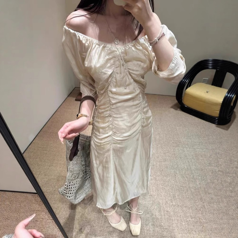 Lem Pleated Shoulder Slim-fit Slim-fit dress Silk Lightweight Skin-friendly Breathable Gentle Women's Long Dress