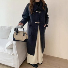 冬季澳洲双面羊毛大衣女长款牛角扣宽松显瘦减龄小个子外套大翻领