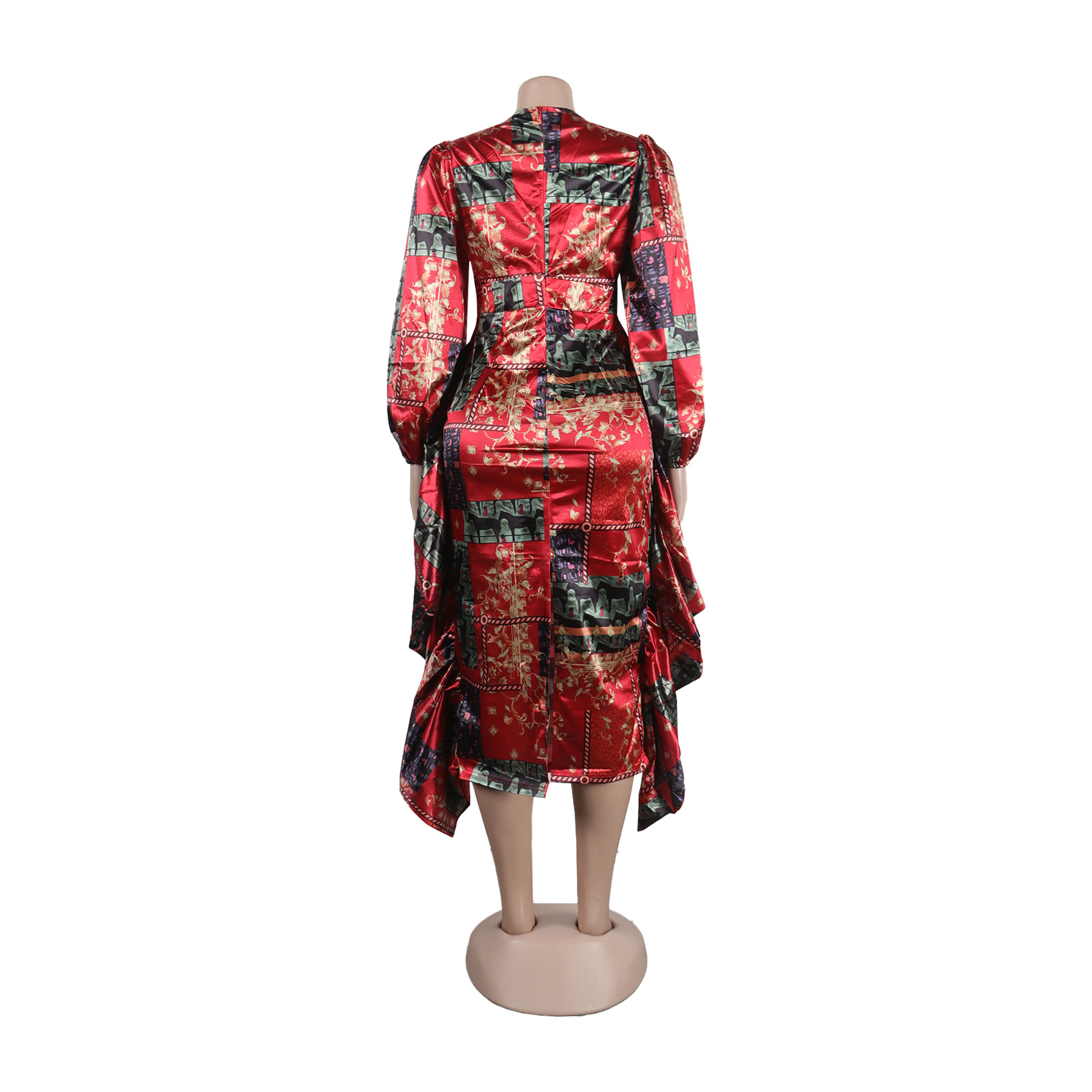 Women's Clothing Sexy Printed Ruffled Lantern Sleeve Hip Hugging Slim Fit Long Sleeve Dress_voghion.com