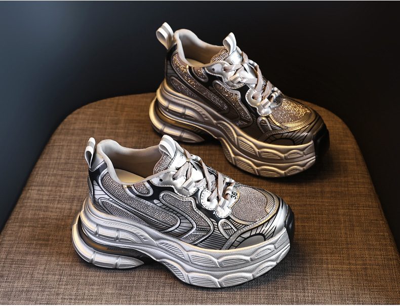 Giày sneaker nữ đế dày tăng chiều cao phối đá rhinestone — Màu đen chi tiết 7