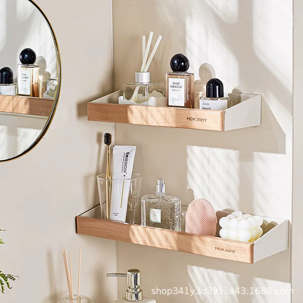 Kitchen Storage Rack, No-Drill Storage Rack, Natural Wood Style Wall-Mounted Multi-Functional Storage Rack, Bathroom Storage Rack