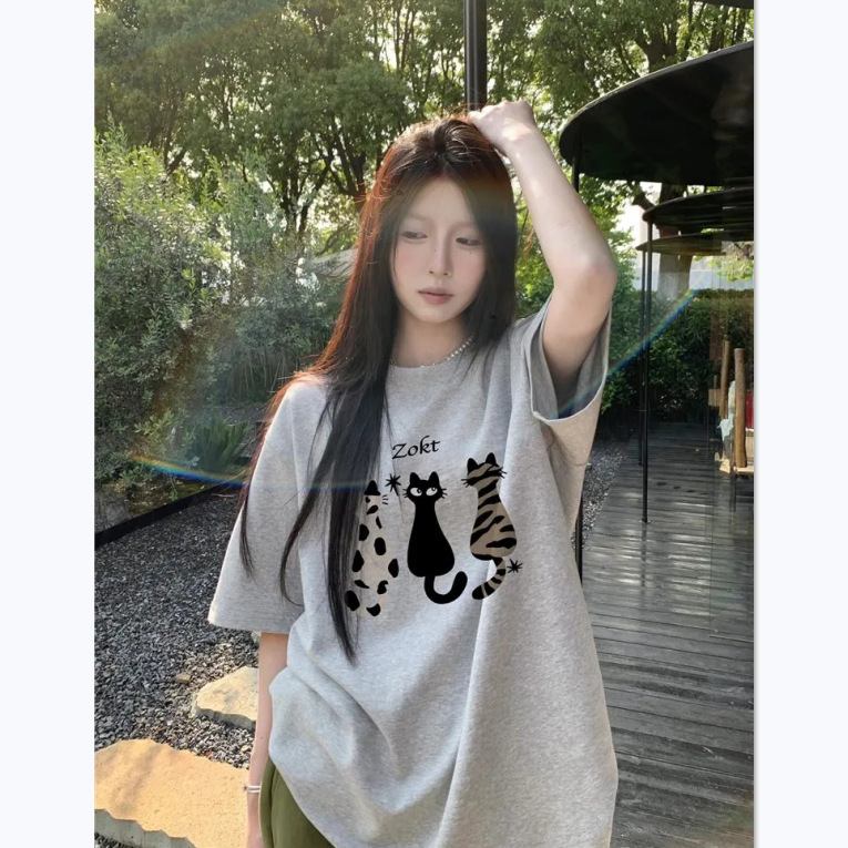 100% Pure Cotton Gray Short-Sleeve T-Shirt for Women, Summer Design, Loose Fit, Niche Trendy Brand, Cartoon Half-Sleeve Top for Men