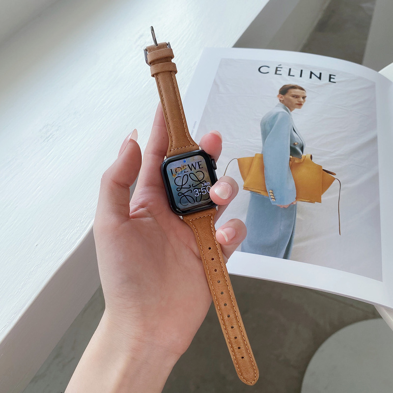 Suitable for Iwatch987654312 Generation Slim Waistband Leather Strap for Apple S10/11/12 Series, Thin Strap for Women