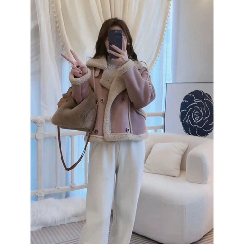 150 Short Women's Collar-Padded Short Jacket Autumn/Winter Thick Top Coat Warm Leather-Fur Integrated Motorcycle Suit