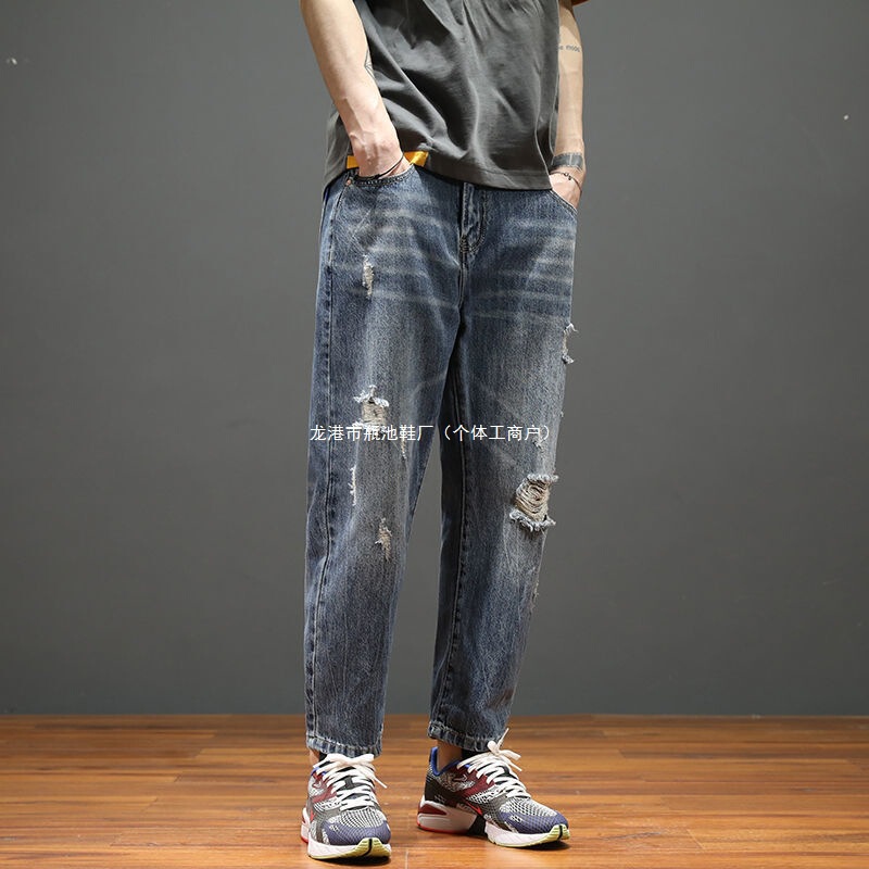 2025 New Summer Cropped Pants for Men, Loose Men's Pants, Trendy Ripped Jeans, Men's Hong Kong Style Retro Large Size Pants 2025 New Summer Cropped Pants for Men, Loose Men's Pants, Trendy Ripped Jeans, Men's Hong Kong Style Retro Large Size Pants