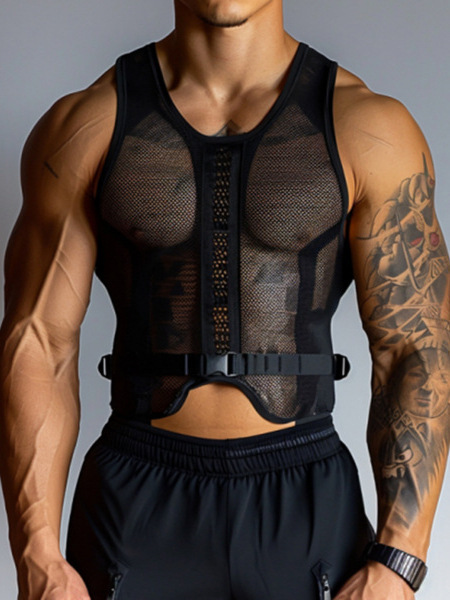 Summer Plus-Size Men's Sexy Transparent Mesh Sports Fitness Sleeveless Vest