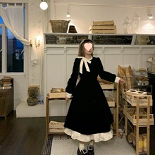 安妮不火 撞色蝴蝶结连衣裙女胖秋季法式荷叶边微胖显瘦小黑裙