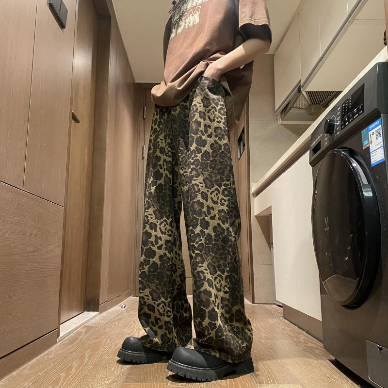 Vintage American Jeans estampado leopardo primavera hombre suelto rectas piernas anchas pantalones casuales juveniles de alta calidad image 3